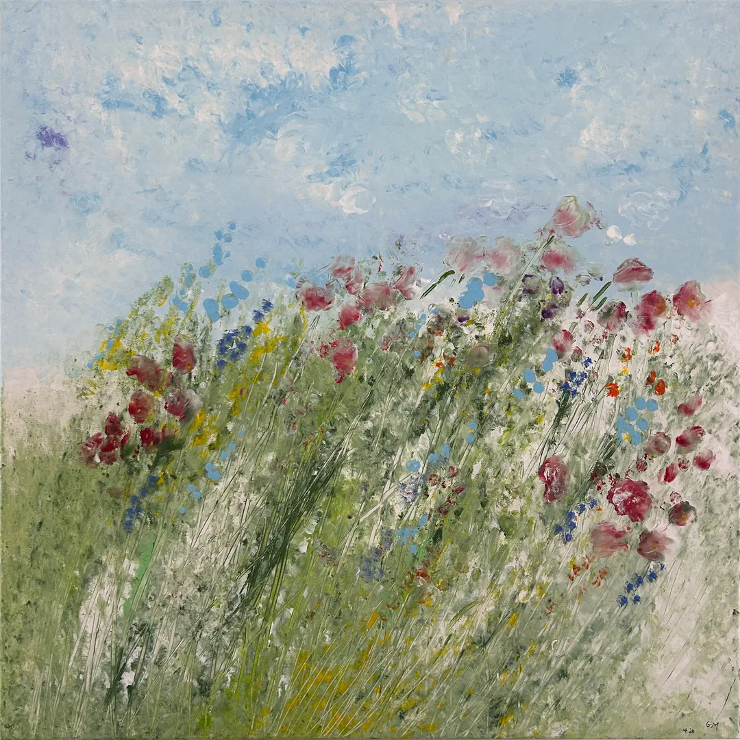 Gemälde einer Blumenwiese in hellen Blau- und Grüntönen